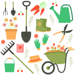 A set of garden supplies. Beautiful garden tools on a white background. Vector illustration in flat cartoon style.