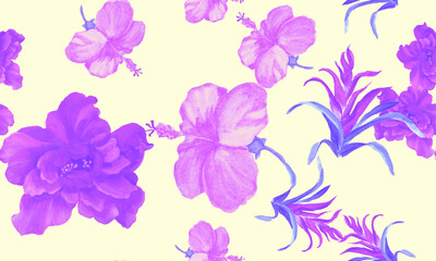 Vanilla Hibiscus Garden. Violet Flower Illustration. Purple Seamless Leaf. Pink Watercolor Design. Pattern Texture. Tropical Foliage. Exotic Palm.Art Decor