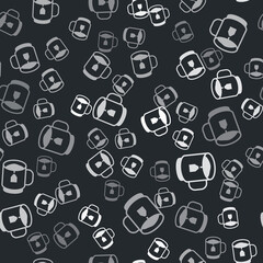 Grey Cup of tea with tea bag icon isolated seamless pattern on black background. Vector