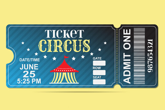 Illustration of a modern design circus ticket, with big top, admit one coupon mention, bar code and text elements for arts festival and events