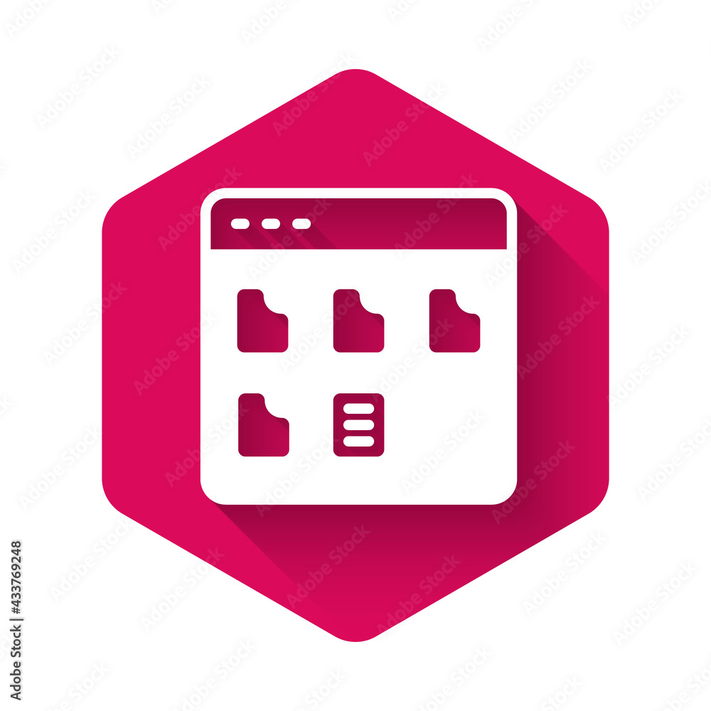 Poster white browser files icon isolated with long shadow background. pink hexagon button. vector