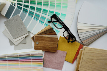 Moodboard. Interior designer work. Material samples with glasses