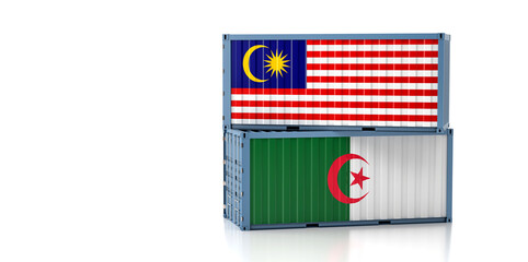 Two freight container with Malaysia and Algeria flag. Copy space on the left side - 3D Rendering