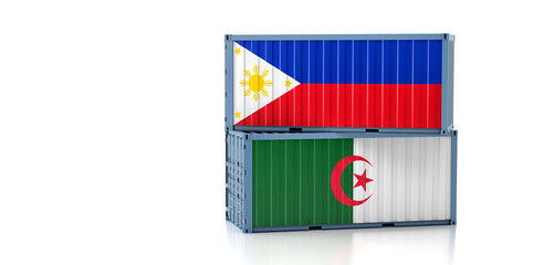 Two freight container with Philippines and Algeria flag. Copy space on the left side - 3D Rendering