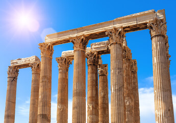 Ancient Temple of Olympian Zeus in sunlight, Athens, Greece