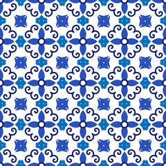Fototapeta na wymiar Azulejos portuguese traditional ornamental tile, blue and white seamless pattern