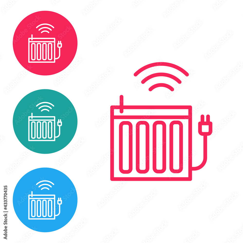 Poster red line smart heating radiator system icon isolated on white background. internet of things concept