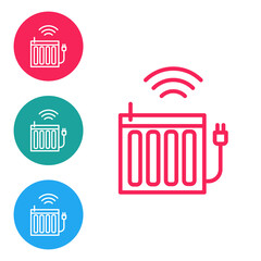 Red line Smart heating radiator system icon isolated on white background. Internet of things concept with wireless connection. Set icons in circle buttons. Vector