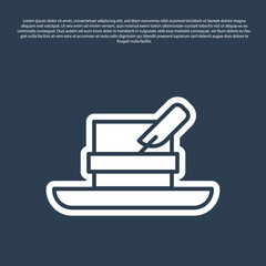 Blue line Hunter hat with feather icon isolated on blue background. Plaid winter hat. Vector