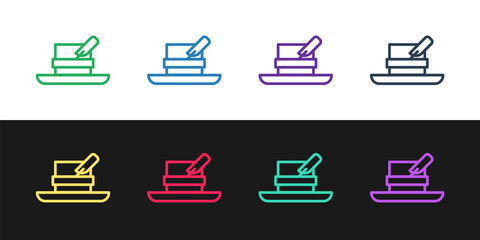 Set line Hunter hat with feather icon isolated on black and white background. Plaid winter hat. Vector