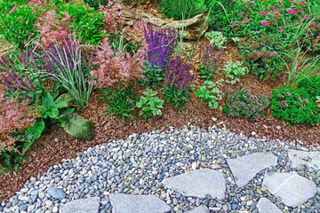 Backyard Garden Modern Designed Landscaping. Decorative Garden Design. Back Yard Lawn And Natural...