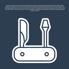 Blue line Swiss army knife icon isolated on blue background. Multi-tool, multipurpose penknife. Multifunctional tool. Vector