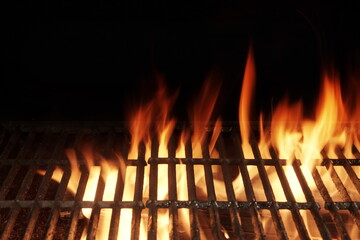Empty Flaming BBQ Charcoal Grill, Closeup. Hot Barbeque Grill Ready Cooking Food On Cast Iron Grate. Concept For Cookout, Barbecue Party At Garden Or Backyard. Grill With Bright Flames Black Isolated.