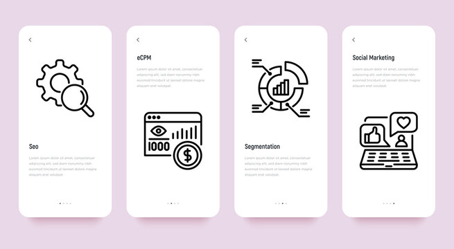 Digital marketing mobile user interface with thin line icon set. SEO, eCRM, segmentation, social marketing. Pixel perfect, editable stroke. Vector illustration