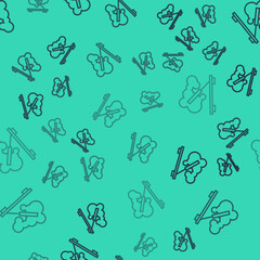 Black line Scented spa stick on a wooden stand icon isolated seamless pattern on green background. Incense stick. Cosmetic procedure aromatherapy. Vector