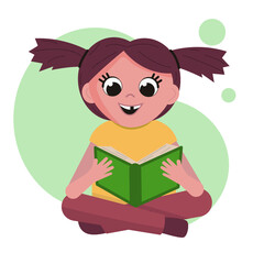 Funny little girl reading a book, vector illustration in flat cartoon style.