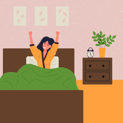 Good morning! A young girl in yellow pajamas woke up early in the morning and feels great. Healthy lifestyle. Vector illustration in flat cartoon style.