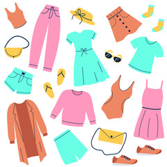 A set of beautiful fashionable women's spring, autumn and summer clothes, shoes and accessories. Stylish vector illustration in flat cartoon style.