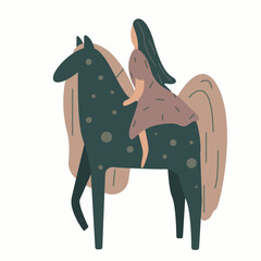 A girl with long hair in a pink summer dress sits on a beautiful bay horse with a long tail and mane. Vector illustration in a flat style.