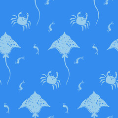 Vector print design on the theme of seamless stingray and crab for kids