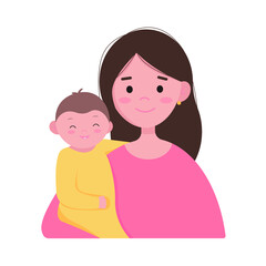 A young mother is holding a cheerful baby in a yellow overalls in her arms. Mothers Day. Postcard. Vector illustration in flat cartoon style.