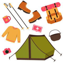 A beautiful bright set of things for the hike. Tent, glass, backpack, boots, jacket, trekking poles, cauldron and first aid kit. Vector illustration in flat cartoon style.