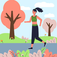 A young girl in sportswear runs in the park. Healthy lifestyle. Sport. Jogging. Vector illustration in flat cartoon style.