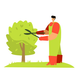A gardener in green overalls and an orange T-shirt is cutting a small green tree. Stylish vector illustration in flat cartoon style. Gardening. Summer.