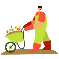 A gardener in green overalls and an orange T-shirt walks with a cart filled with flowers. Vector illustration in a flat style. Summer. Gardening.