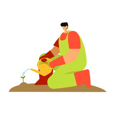 A gardener in green overalls and an orange T-shirt waters a small green plant from a yellow watering can. Stylish vector illustration in flat cartoon style. Gardening. Summer