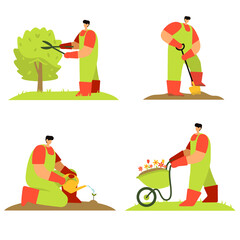 Set. A gardener in green overalls and an orange T-shirt is doing gardening. Stylish vector illustration in flat cartoon style. Gardening. Summer.