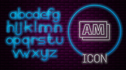 Glowing neon line Clock AM icon isolated on brick wall background. Time symbol. Neon light alphabet. Vector