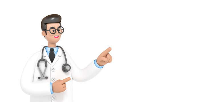3d Doctor of medicine points up with his finger open space on white background 3d rendering. 3d illustration Medical insurance template, hospital, medical healthcare concept.
