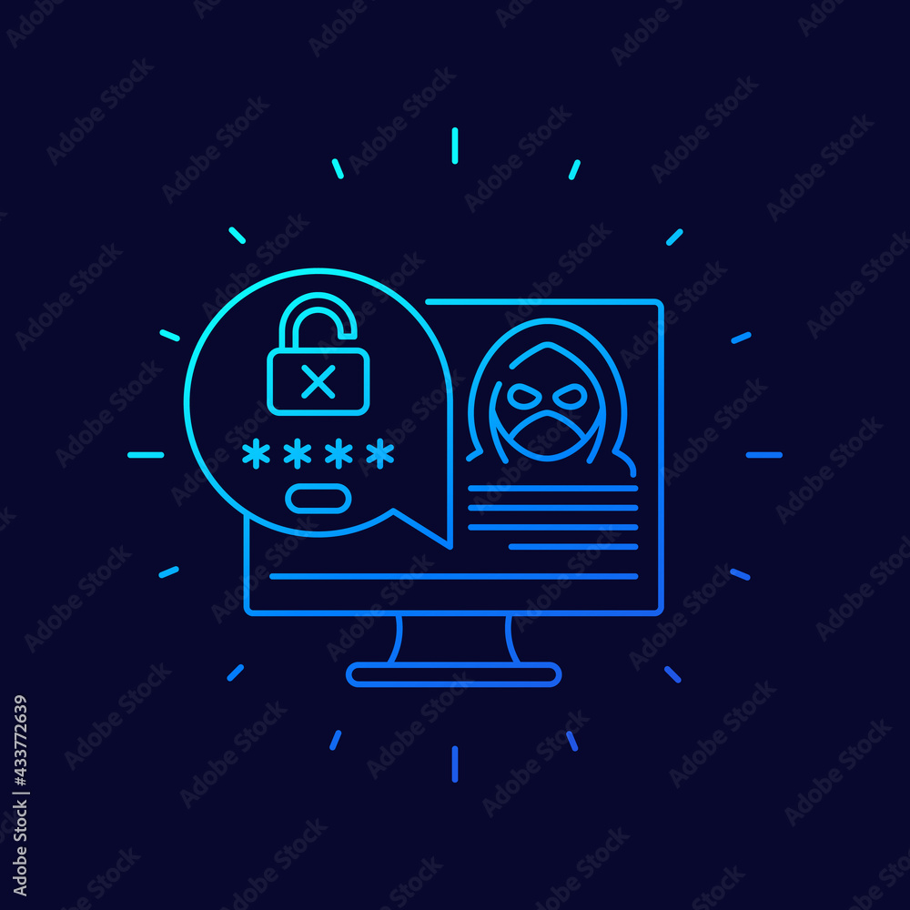 Poster hacking, unauthorized access line vector icon