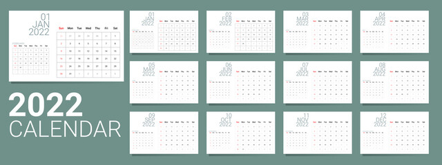 vector of calender  2022. 2022 calendar template. white theme. week starts on sunday. wall calendar simple design and golden ratio. schedule ,planner, daily log, etc.