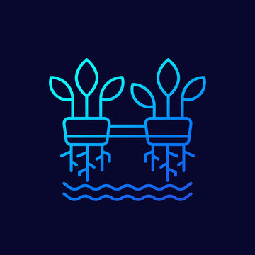 Hydroponics Line Vector Icon With Plants