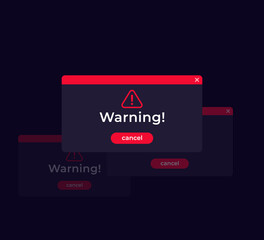Warning, error windows, vector design, dark mode