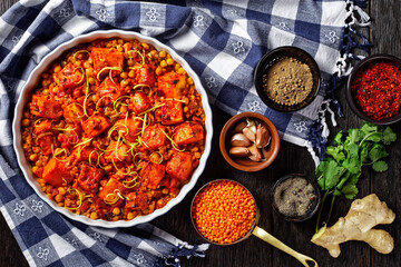 Pumpkin lentil chickpea curry in a dish
