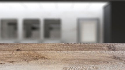 Background with empty wooden table. Flooring. Clean public toilet room empty with wooden partition. 3D renderi