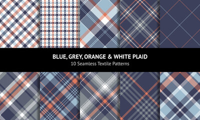 Plaid pattern collection in blue, orange, grey, white. Seamless tartan plaid graphics for flannel shirt, scarf, skirt, tablecloth, blanket, duvet cover. Houndstooth, gingham, vichy, windowpane checks. - obrazy, fototapety, plakaty