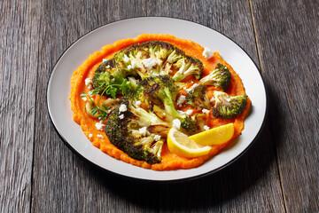 grilled broccoli steaks with puree and feta