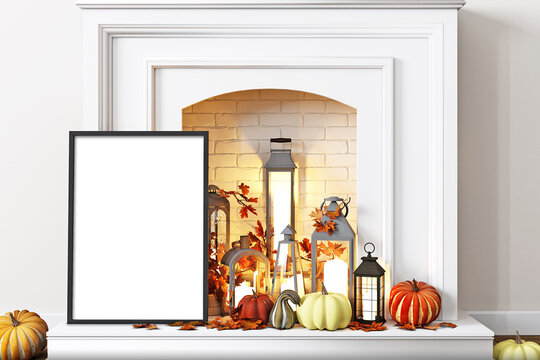 mock frame near the autumn fireplace,  3d render