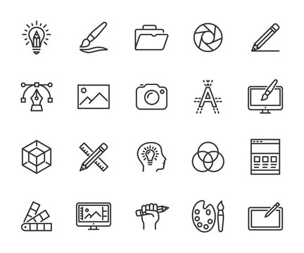 Vector set of graphic design line icons. Contains icons creative idea, drawing, 3D modeling, web design, portfolio, photography and more. Pixel perfect.