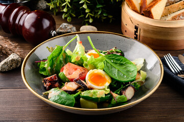 Salad with octopus. In a plate of lettuce leaves, slices of tomato, eggs