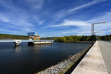 The Dalesice pumped - storage hydroelectric power station on the Jihlava river. Dam with landscape in the Czech Republic