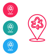 Red line Recycle symbol icon isolated on white background. Circular arrow icon. Environment recyclable go green. Set icons in circle buttons. Vector