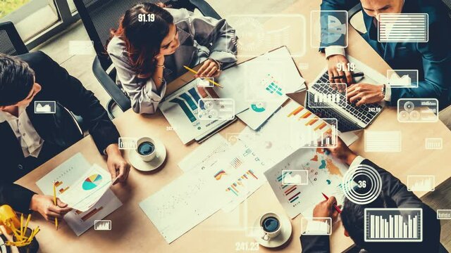 Creative visual of business people in corporate staff meeting . Concept of digital technology for marketing data analysis and investment decision making .