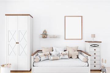 white baby room frame mockup, 3d render