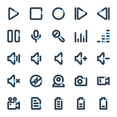 Bold line icons for media.