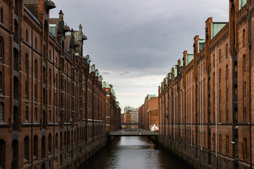 the Speicherstadt in hamburg photographed in broad daylight with dramatic colors and slightly...